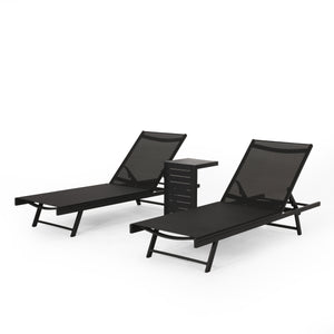 Noble House Salton Outdoor Aluminum Chaise Lounge Set with C-Shaped End Table, Dark Gray and Black