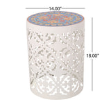 Castana Outdoor Lace Cut Side Table with Tile Top, White and Multi-Color Noble House