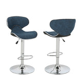 Carlota Modern Adjustable Height 24"-32" Fabric Swivel Barstool, Indigo Weave Tweed Noble House