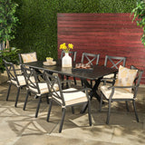 Noble House Exuma Outdoor 9 Piece Black Cast Aluminum Dining set with Expandable Dining Table and Ivory Water Resistant Cushions