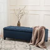 Ottilie Contemporary Button-Tufted Fabric Storage Ottoman Bench, Dark Blue and Dark Brown Noble House