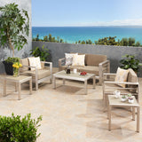 Noble House Cape Coral Outdoor 4 Seater Aluminum Chat Set with 2 Side Table, Silver and Khaki