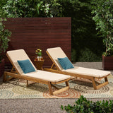 Maki Outdoor Acacia Wood Chaise Lounge and Cushion Sets, Teak and Cream Noble House