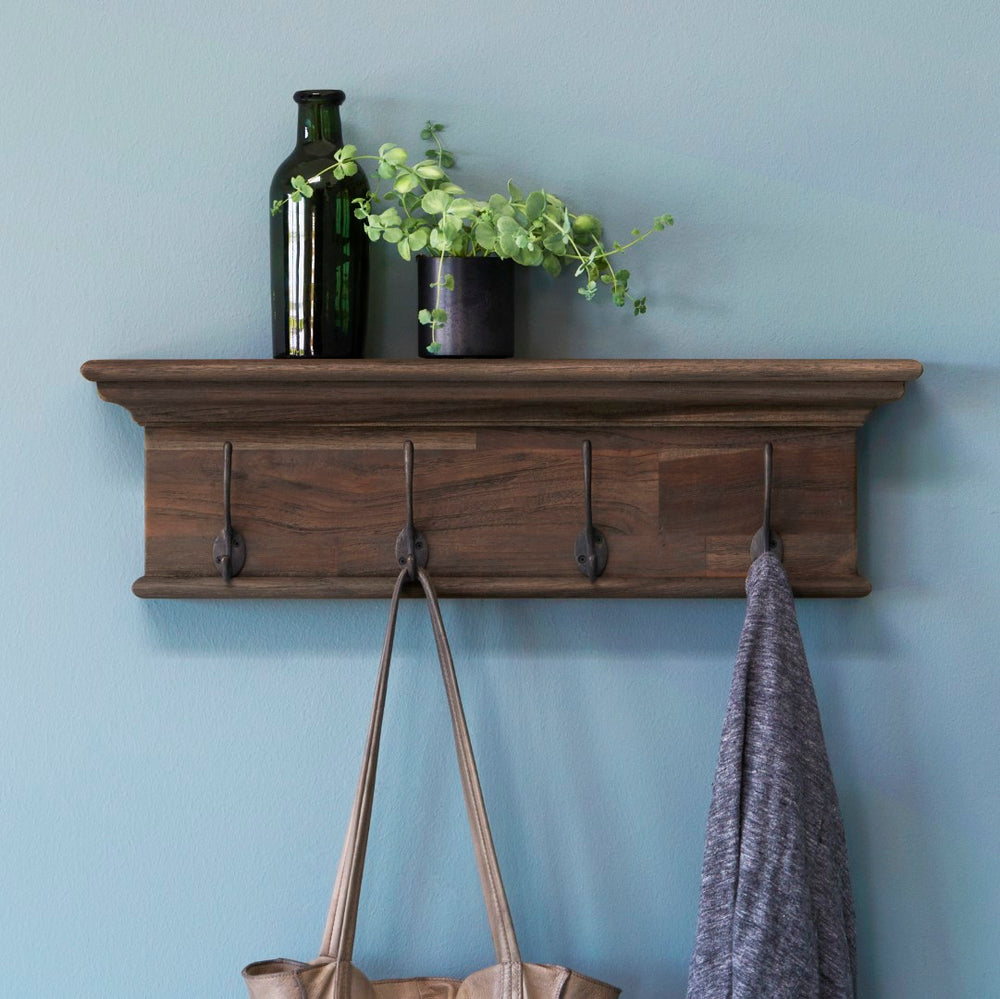 Hygge Six - Unique Solid Teak Coat Rack with Antique Brass Hooks and Decorative Hat Shelf Design