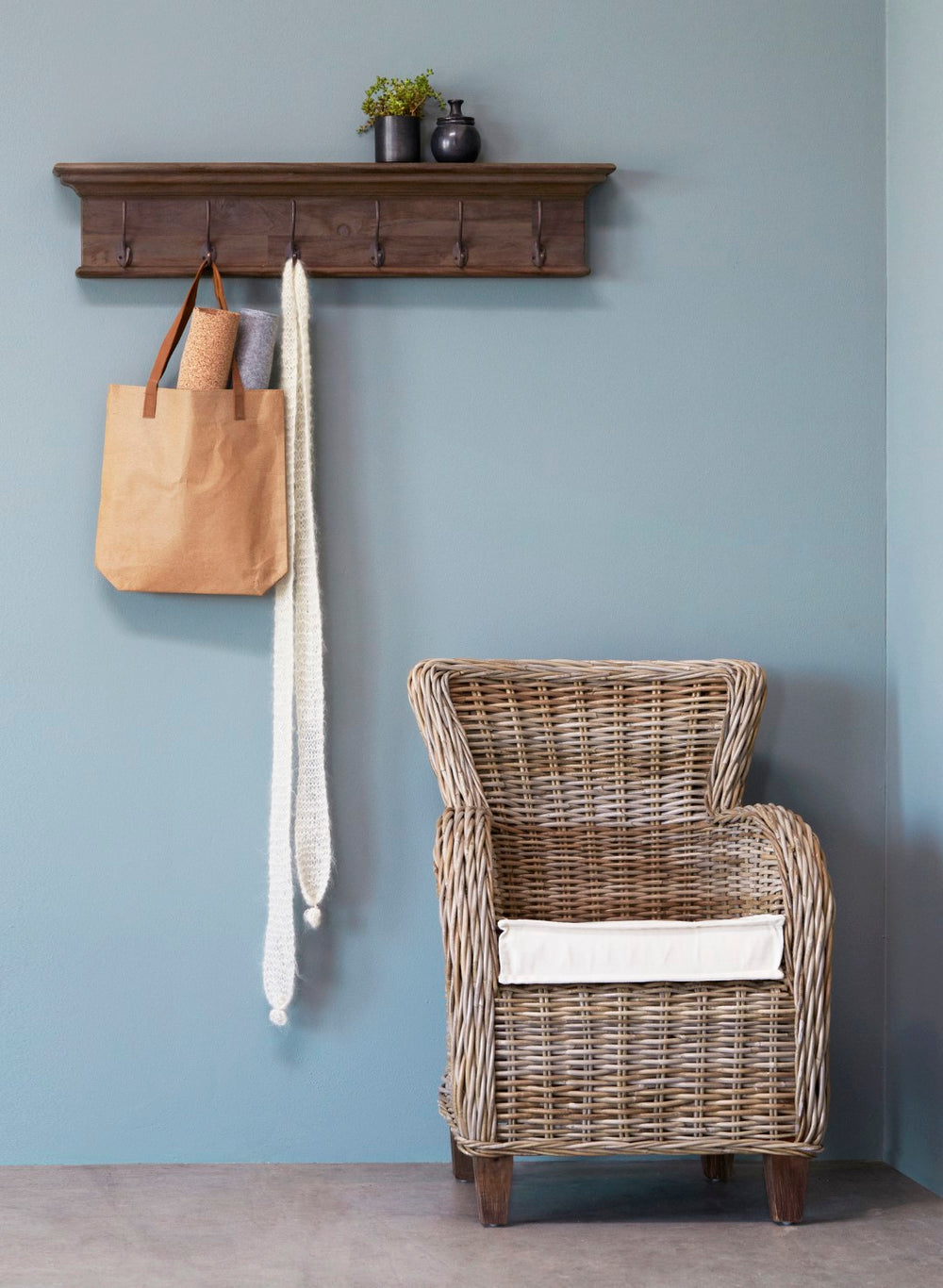 Hygge Six - Unique Solid Teak Coat Rack with Antique Brass Hooks and Decorative Hat Shelf Design