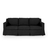 Arrastra Contemporary Fabric 3 Seater Sofa with Skirt, Charcoal Stripes and Walnut Noble House