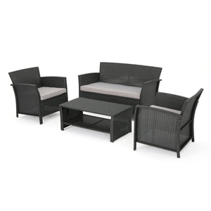 Santa Lucia Outdoor 4 Piece Grey Wicker Chat Set with Silver Water Resistant Cushions Noble House