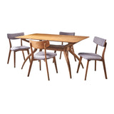 Noble House Nissie Mid Century Natural Walnut Finished 5 Piece Wood Dining Set with Dark Grey Fabric Chairs