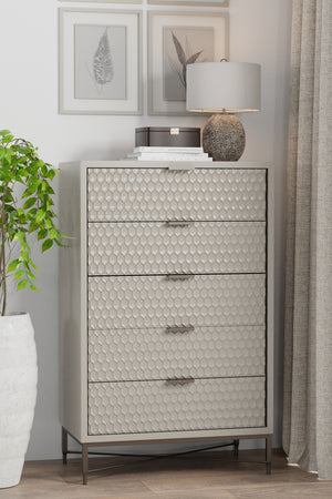 Milo 5 Drawer Chest in Taupe – Stylish Contemporary Storage with Textured Drawers & Pewter Accents