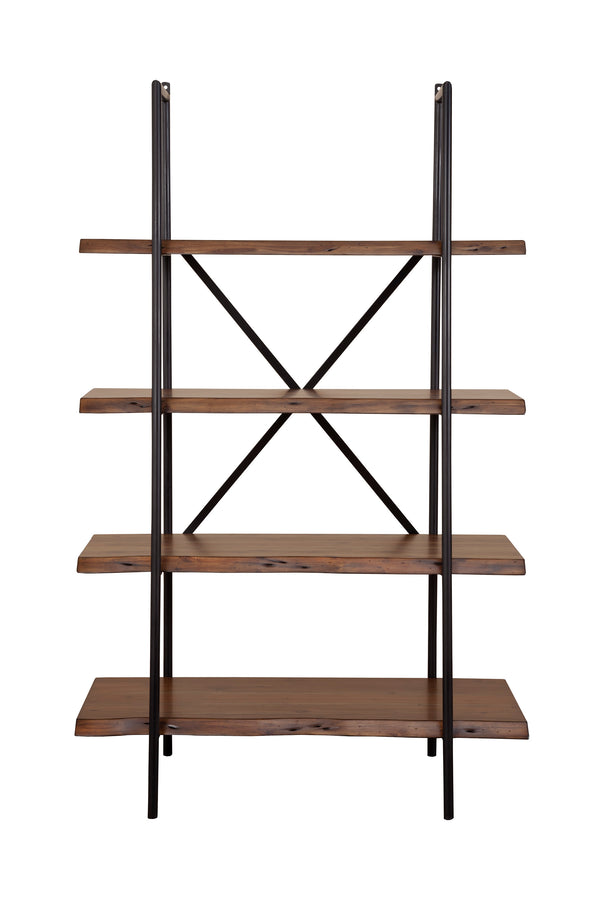 Alpine Furniture Live Edge 4 Shelf Bookshelf, Light Walnut 1968-69 Light Walnut Solid Acacia Wood with Metal Frame 48 x 21.5 x 78.5