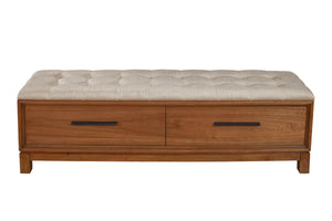 Nova Bench in Honey Maple - Fully Assembled with Dovetail Drawers and Button Tufted Cushion Seat