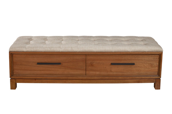 Nova Bench in Honey Maple - Fully Assembled with Dovetail Drawers and Button Tufted Cushion Seat