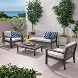 Santa Ana Outdoor 4 Seater Acacia  Wood Chat Set with Cushions, Wire Brushed Dark Gray and Light Gray Noble House