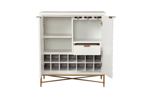 White Pearl Bar Cabinet – Contemporary Mahogany Design with Gold Accents & Ample Storage for Entertaining