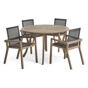 Noble House Lockett Outdoor Acacia Wood 5 Piece Round Dining Set with Mesh Seats, Gray and Black