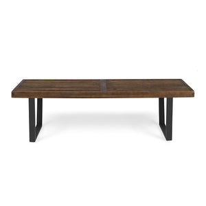 Noble House Fresno Patio Dining Bench, Acacia Wood with Iron Legs, Modern, Contemporary, Dark Brown and Black