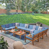 Noble House Grenada Outdoor Acacia Wood 10 Seater Sectional Sofa Set with Two Coffee Tables, Teak and Blue