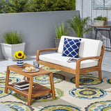 Grenada Loveseat and Coffee Table Set for Patio, Acacia Wood, Teak Finish with Beige Outdoor Cushions Noble House