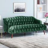 Adelia Modern Glam Tufted Velvet 3 Seater Sofa, Emerald and Walnut Noble House