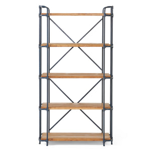 Yorktown Industrial 5 Shelf Firwood Bookcase, Antique Brown, Blue, and Black Noble House