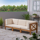 Noble House Brava Outdoor Modular Acacia Wood Sofa with Cushions, Teak and Beige
