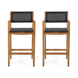 Fairfax Outdoor Acacia Wood Barstools with Outdoor Mesh, Teak and Black Noble House