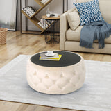 Chana Glam Velvet and Tempered Glass Coffee Table Ottoman, Beige Noble House