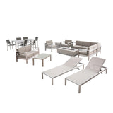 Cape Coral Outdoor 18 Piece Aluminum Estate Collection with Fire Pit, Silver, Gray, and Light Gray Noble House