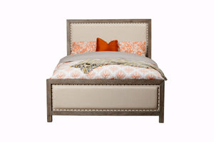 Classic California King Panel Bed - Antique-Inspired Design with Upholstered Headboard & Brass Trim