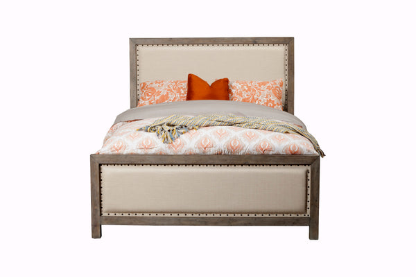 Classic King Panel Bed in Natural Grey Finish with Upholstered Headboard & Nailhead Trim Design