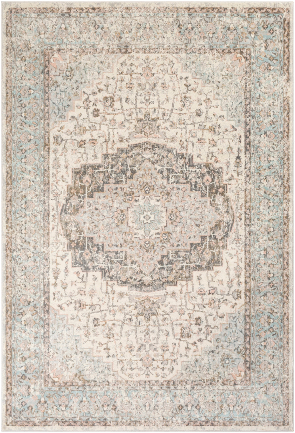 Dryden DDN-2307 Traditional Polypropylene, Polyester Rug DDN2307-912 Pale Blue, Taupe, Khaki, Medium Gray, Charcoal, Camel, Pale Pink, Denim 85% Polypropylene, 15% Polyester 9' x 12'