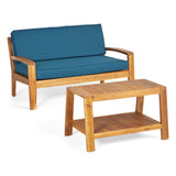 Grenada Loveseat and Coffee Table Set for Patio, Acacia Wood, Teak Finish with Teal Outdoor Cushions Noble House