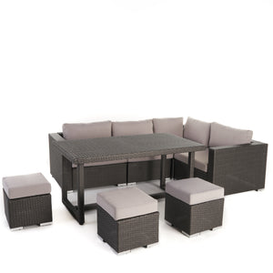 Santa Rosa Outdoor 7 Seater Grey Dining Sofa and Ottoman Set with Aluminum Frame and Silver Water Resistant Cushions Noble House