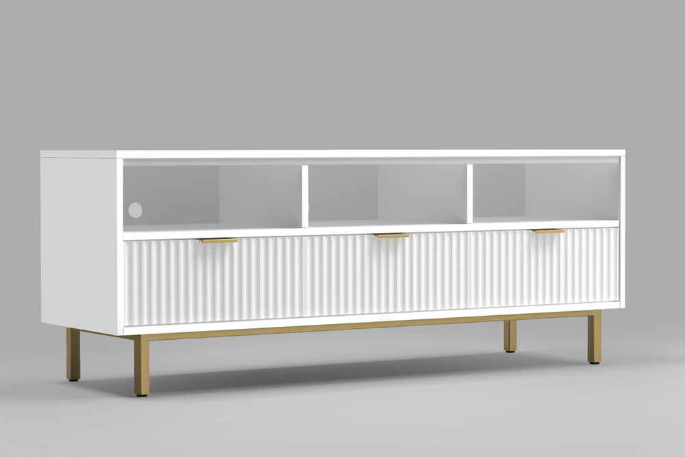 Casey TV Console - Elegant White Mahogany with Gold Accents, Fully Assembled, Stylish Storage Solution