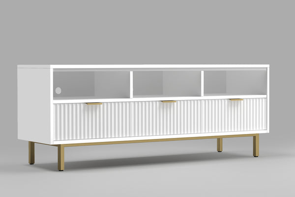 Casey TV Console - Elegant White Mahogany with Gold Accents, Fully Assembled, Stylish Storage Solution