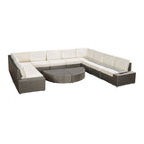 Santa Cruz Outdoor 10 Seater Wicker Sectional Sofa Set with Cushions, Gray and White Noble House