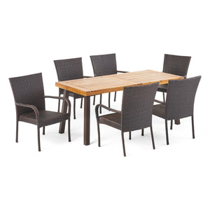 Sutton Outdoor 7 Piece Acacia Wood/ Wicker Dining Set, Teak Finish and Multibrown