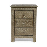 Noble House Deschutes Handcrafted Boho 3 Drawer Nightstand, Silver