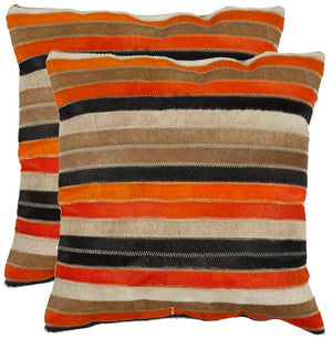 Safavieh - Set of 2 - Quinn Pillow Cowhide 18" Orange and Tan Poly Suede Hidden Zipper Feather DEC200B-1818-SET2 683726997801