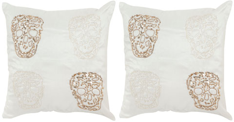 Pillow Quatre Skull Accent Pillows - Set Of 2, Gold Beaded Cotton Sate 