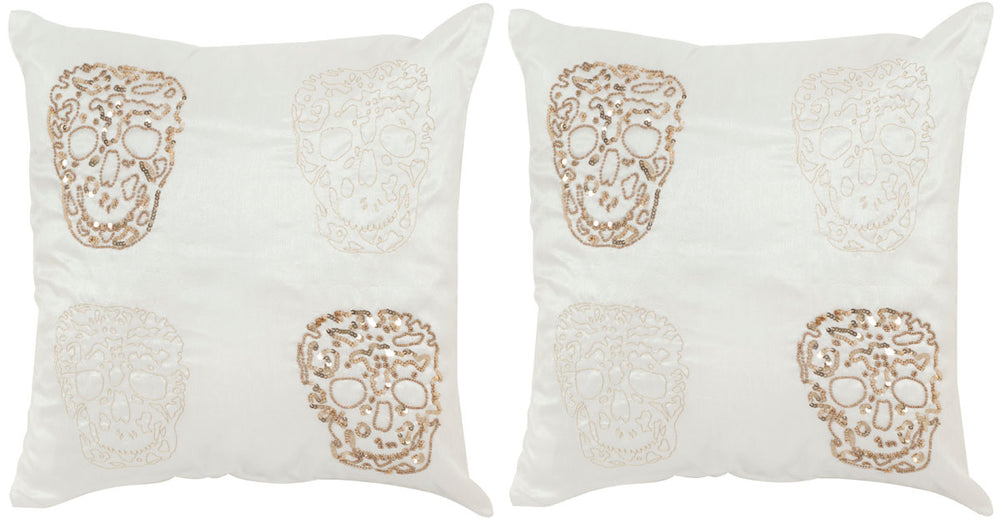 Safavieh - Set of 2 - Pillow Quatre Skull Embellished Hand Beaded 18" Gold Cotton Sateen Hidden Zipper Feather DEC462A-1818-SET2 889048008595