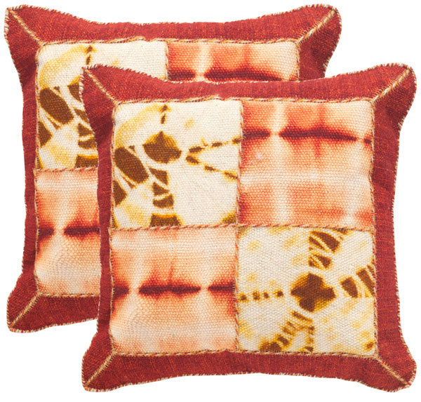 Safavieh - Set of 2 - Pillow Dip Dye Quartre Patch Printed Patterns Jute 20" Chili Pepper Wool Cotton Hidden Zipper Feather DEC550A-2020-SET2 889048108752