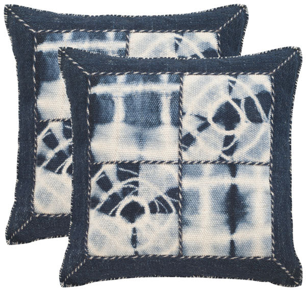Safavieh - Set of 2 - Pillow Dip Dye Quartre Patch Printed Patterns Jute 20" Navy Wool Cotton Hidden Zipper Feather DEC550B-2020-SET2 889048108776