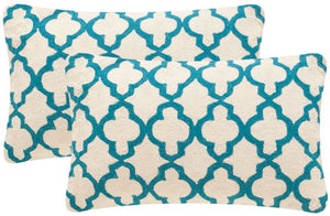 Safavieh - Set of 2 - Sandre Pillow Chainstitch 20" Teal Wool Cotton Hidden Zipper Feather DEC903A-2020-SET2 683726960287