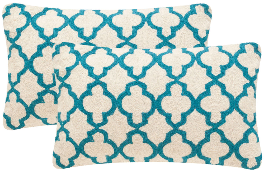Safavieh - Set of 2 - Sandre Pillow Chainstitch 20" Teal Wool Cotton Hidden Zipper Feather DEC903A-2020-SET2 683726960287
