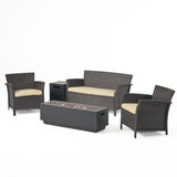 St. Lucia Outdoor 4 Seater Wicker Chat Set with Fire Pit, Brown and Tan and Dark Gray Noble House
