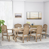 Andrea French Country Wood and Cane Upholstered Dining Armchair (Set of 6), Beige and Natural Noble House