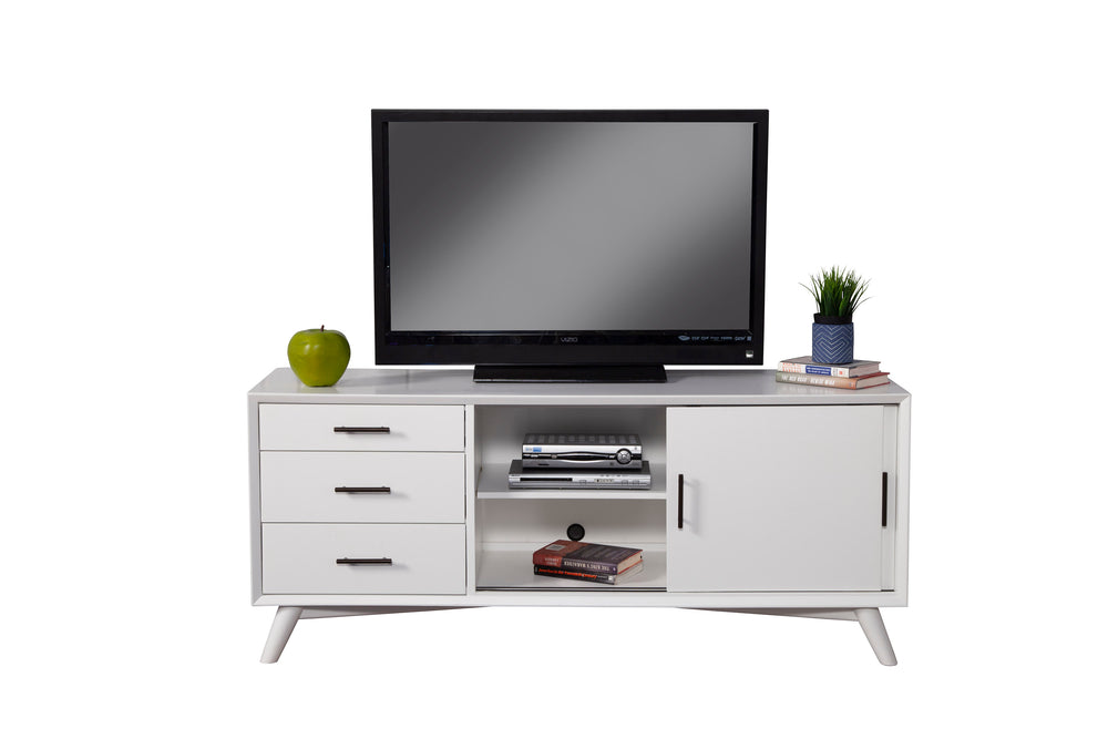 Alpine Furniture Flynn Large TV Console, White 966-W-10 White Mahogany Solids & Okoume Veneer 64 x 19 x 27