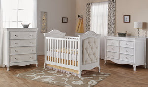 Diamante Double Dresser - Sustainable Hardwood, Self-Closing Drawers, Vintage White Nursery Storage Solution