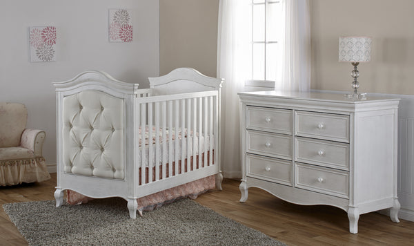 Diamante Double Dresser - Sustainable Hardwood, Self-Closing Drawers, Vintage White Nursery Storage Solution